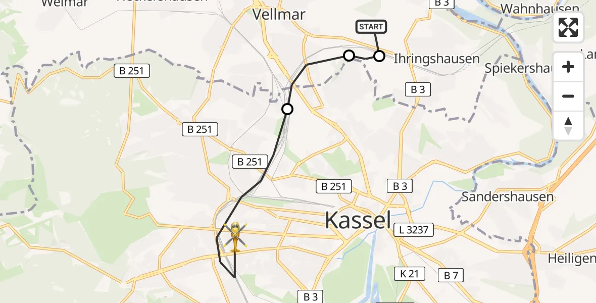 Flugroute Rettungshubschrauber Fuldatal Bundespolizei Hubschrauberlandeplatz - Kassel, 21 Juni 2026, 08:52