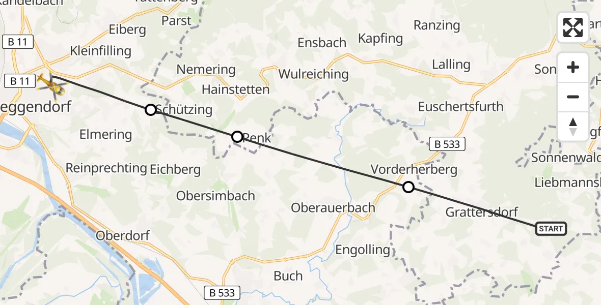 Flugroute Rettungshubschrauber Grattersdorf - Deggendorf, 21 Juni 2026, 08:53