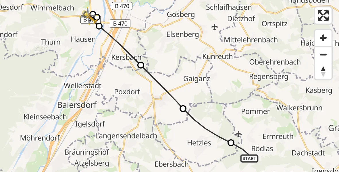 Flugroute Rettungshubschrauber Neunkirchen a.Brand - Forchheim, 21 Juni 2026, 08:56