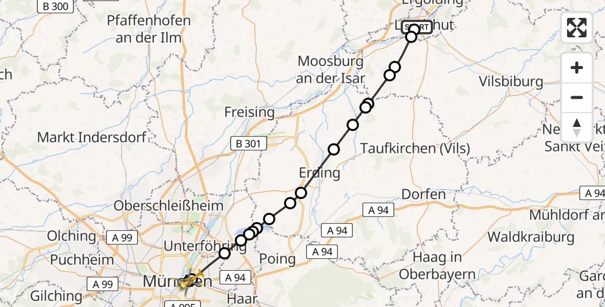 Flugroute Rettungshubschrauber Landshut Hospital - Rechts der Isar University Hospital Hubschrauberlandeplatz, 21 Juni 2026, 08:57