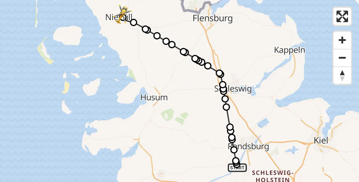 Flugroute Rettungshubschrauber Rendsburg-Schachtholm Flugplatz - Niebüll, 21 Juni 2026, 08:57