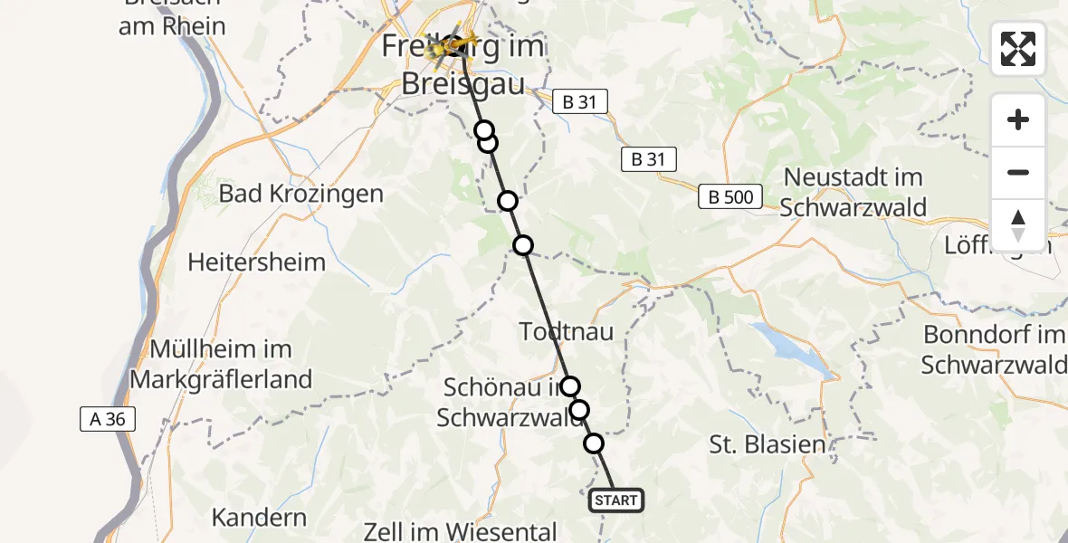 Flugroute Ambulanzhubschrauber Todtmoos - Freiburg University Hospital Heliport 1, 21 Juni 2026, 08:58
