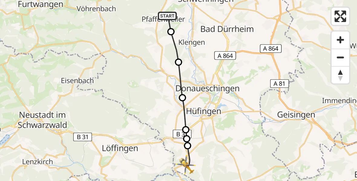 Flugroute Ambulanzhubschrauber Villingen-Schwenningen - Hüfingen, 21 Juni 2026, 09:02