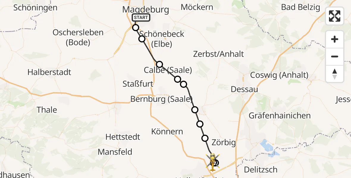Flugroute Rettungshubschrauber Magdeburg - Halle-Oppin Flugplatz, 21 Juni 2026, 09:03