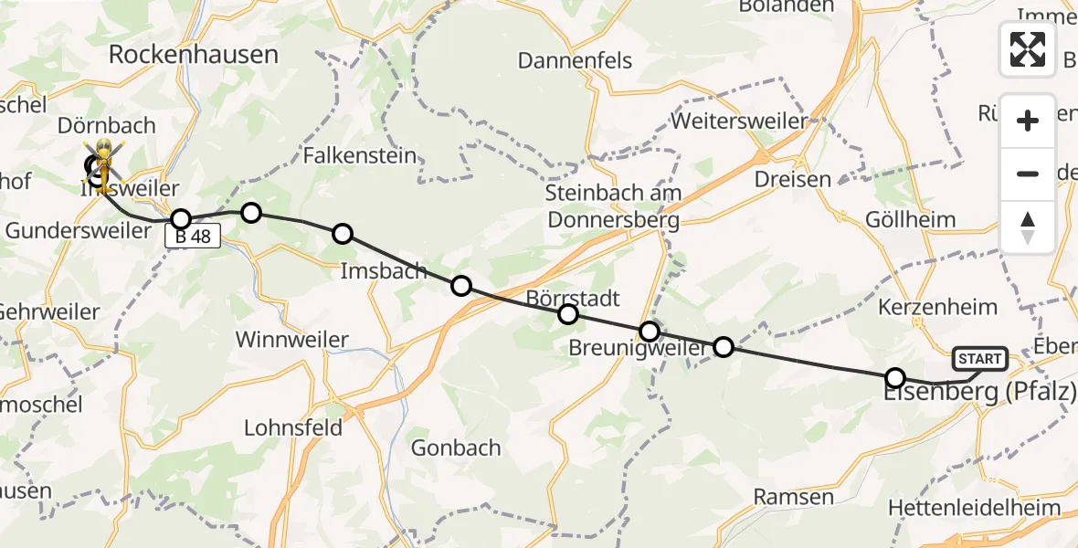 Flugroute Rettungshubschrauber Eisenberg (Pfalz) - Imsweiler UL, 21 Juni 2026, 09:17