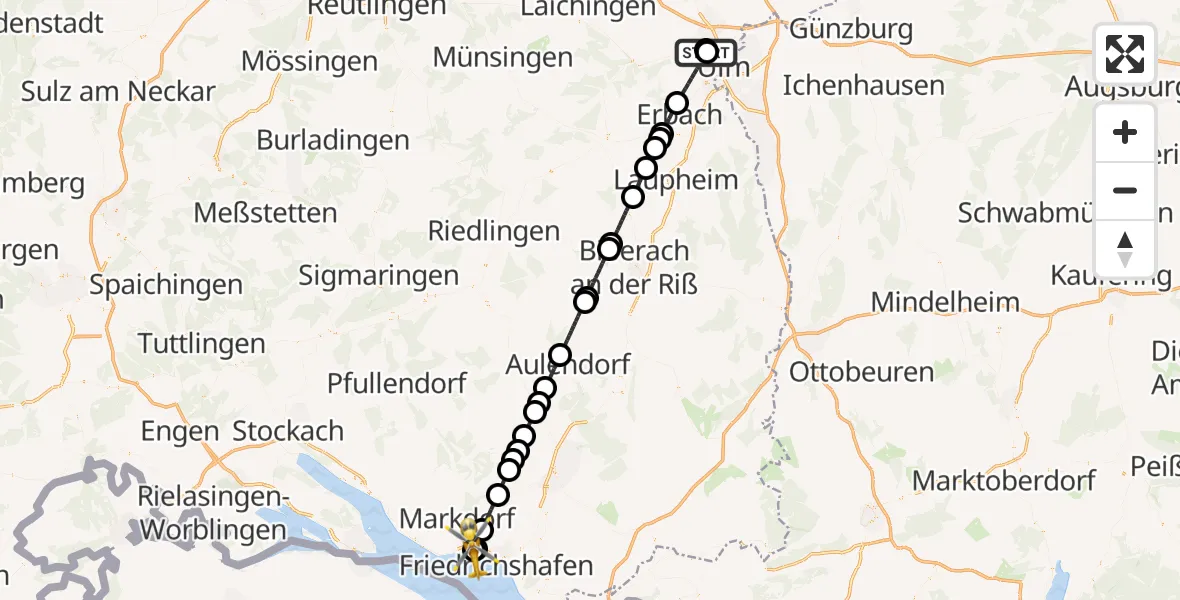Flugroute Rettungshubschrauber Ulm Military Hospital Emergency - Friedrichshafen Hospital, 21 Juni 2026, 09:18