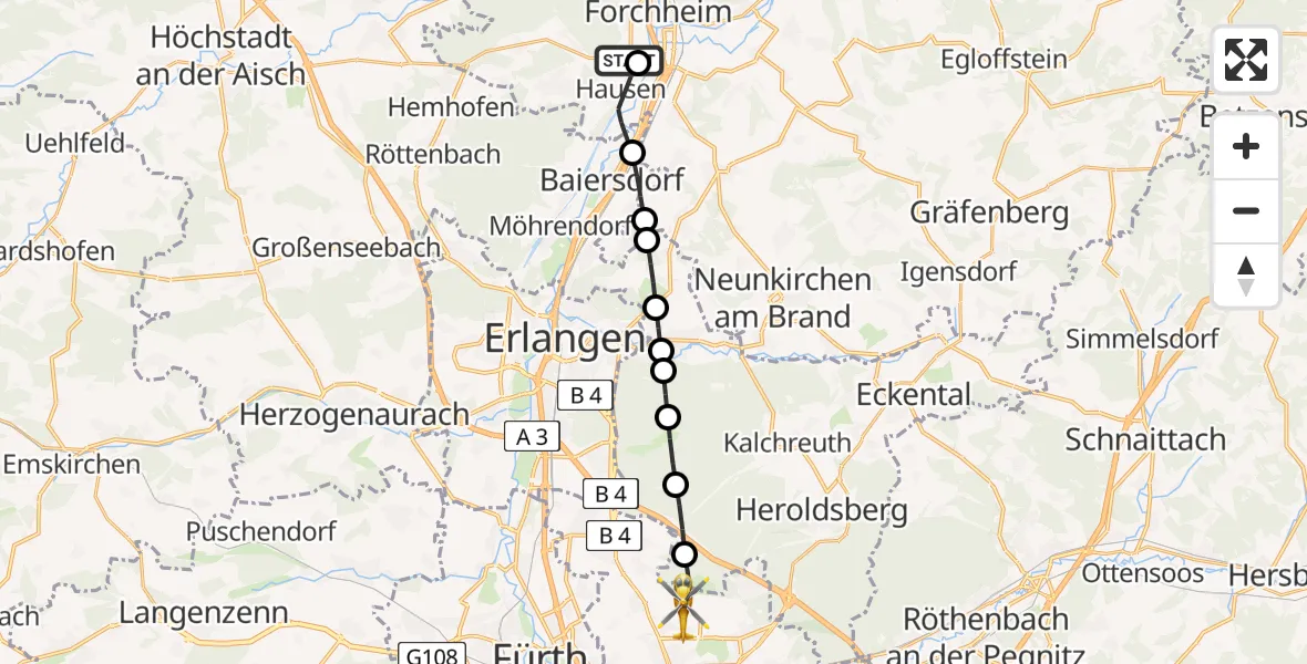 Flugroute Rettungshubschrauber Forchheim - Flughafen Nuremberg, 21 Juni 2026, 09:18