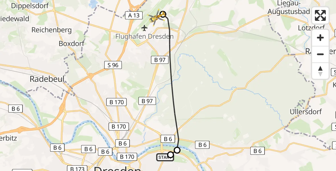 Flugroute Rettungshubschrauber Dresden University Hospital - Dresden Bundespolizei Hubschrauberlandeplatz, 21 Juni 2026, 09:19