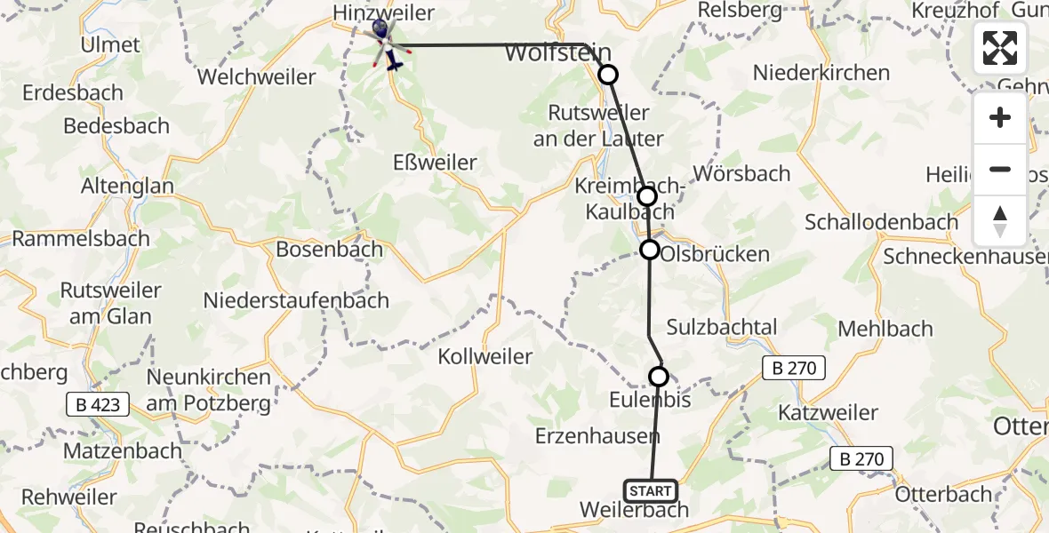 Flugroute Polizeihubschrauber Weilerbach - Oberweiler im Tal, 21 Juni 2026, 09:19