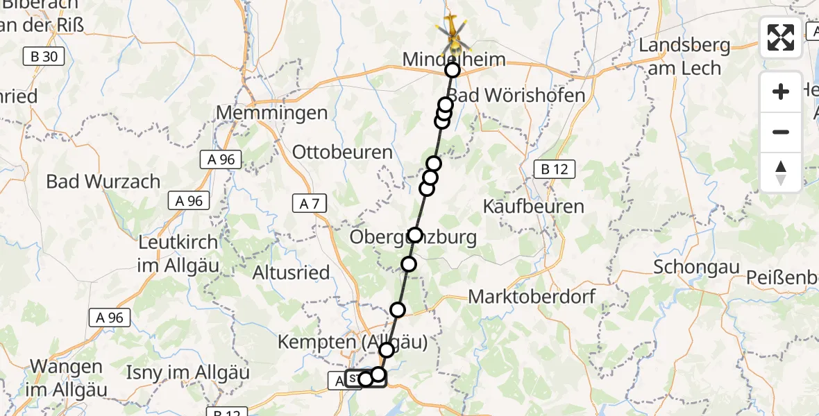 Flugroute Rettungshubschrauber Durach - Mindelheim, 21 Juni 2026, 09:20
