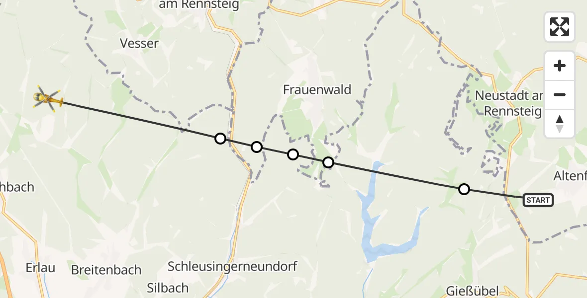 Flugroute Rettungshubschrauber Großbreitenbach - Schleusingen, 21 Juni 2026, 09:26