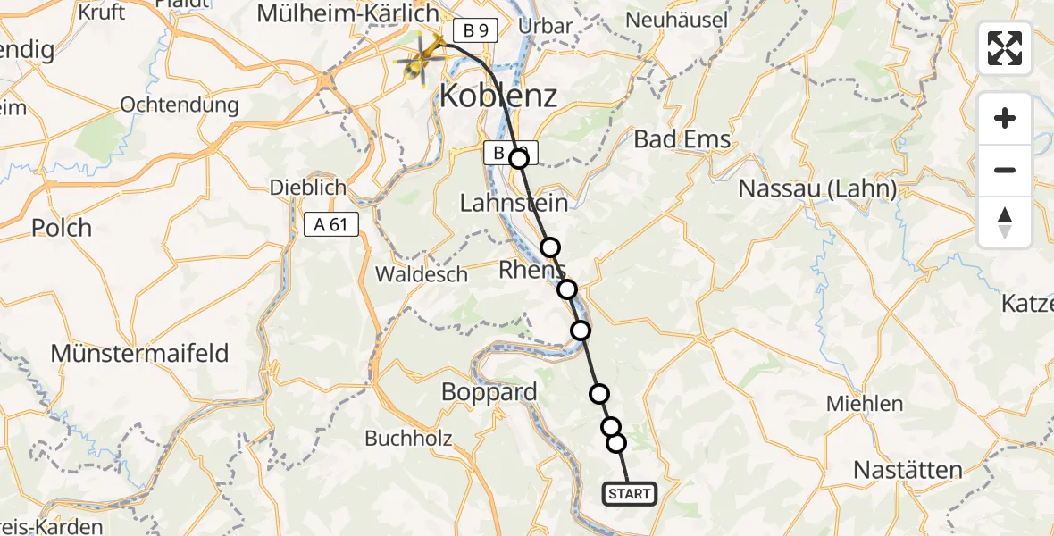Flugroute Rettungshubschrauber Prath - Koblenz, 21 Juni 2026, 09:26