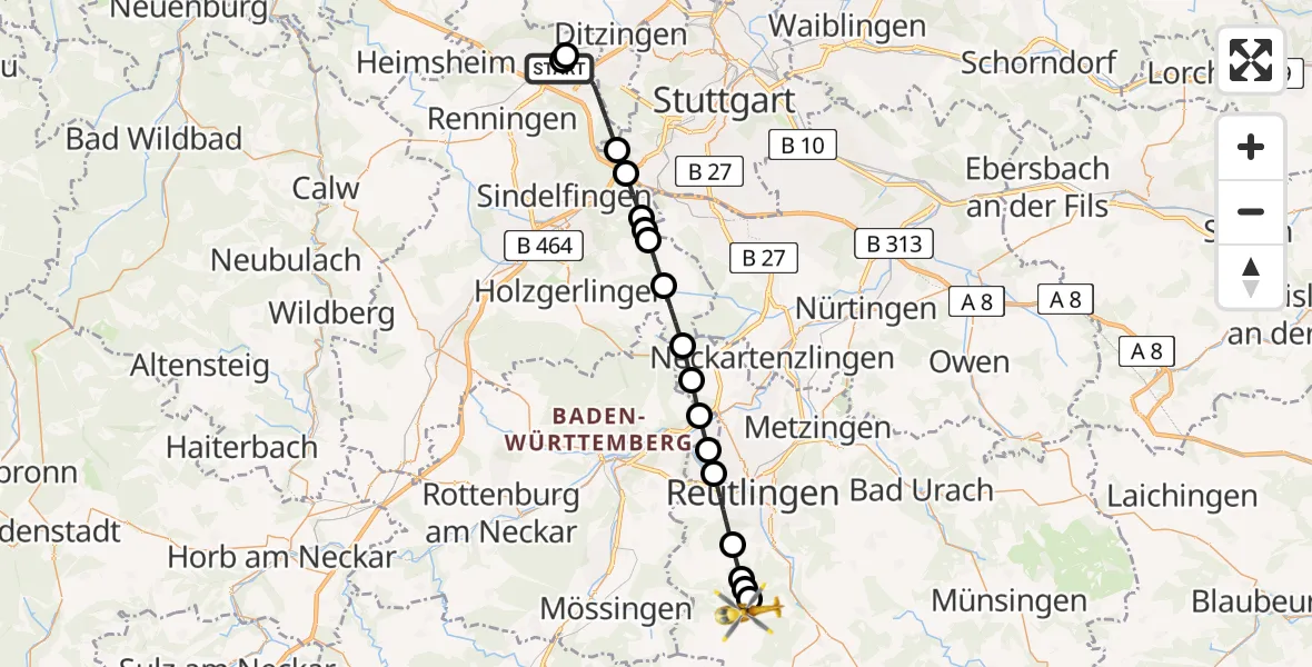 Flugroute Rettungshubschrauber Leonberg Hospital - Sonnenbühl, 21 Juni 2026, 09:29