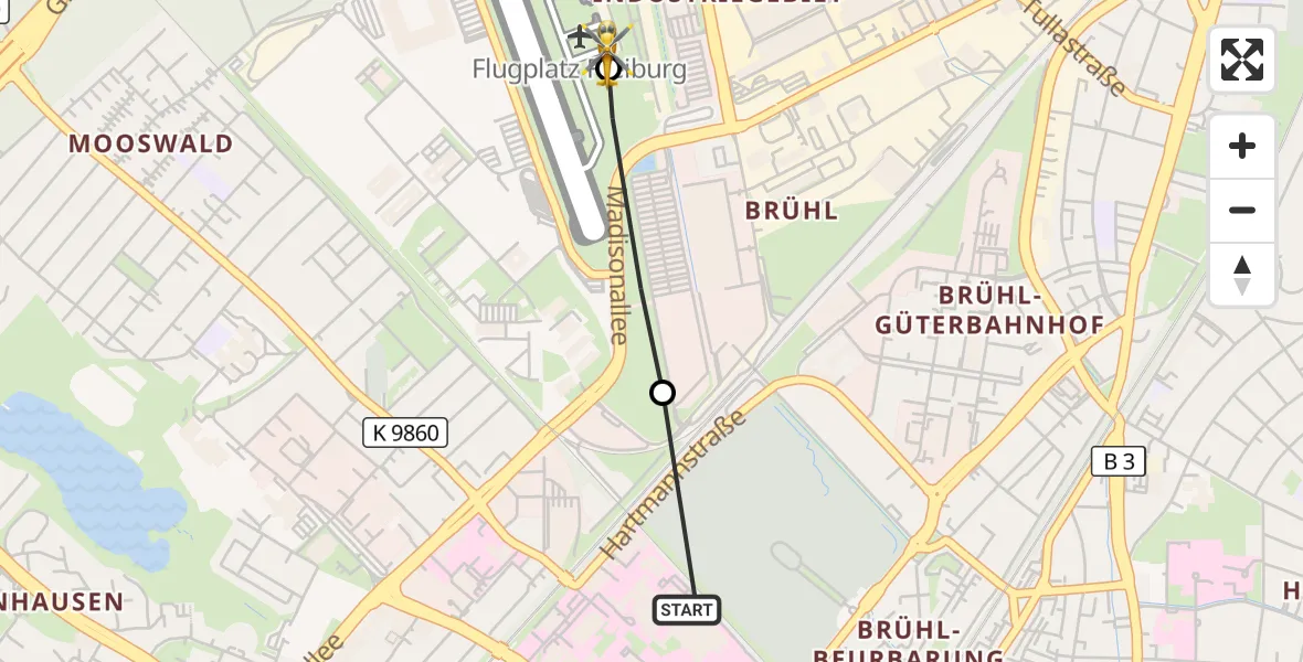 Flugroute Ambulanzhubschrauber Freiburg University Hospital Heliport 1 - Freiburg im Breisgau Flugplatz, 21 Juni 2026, 09:30