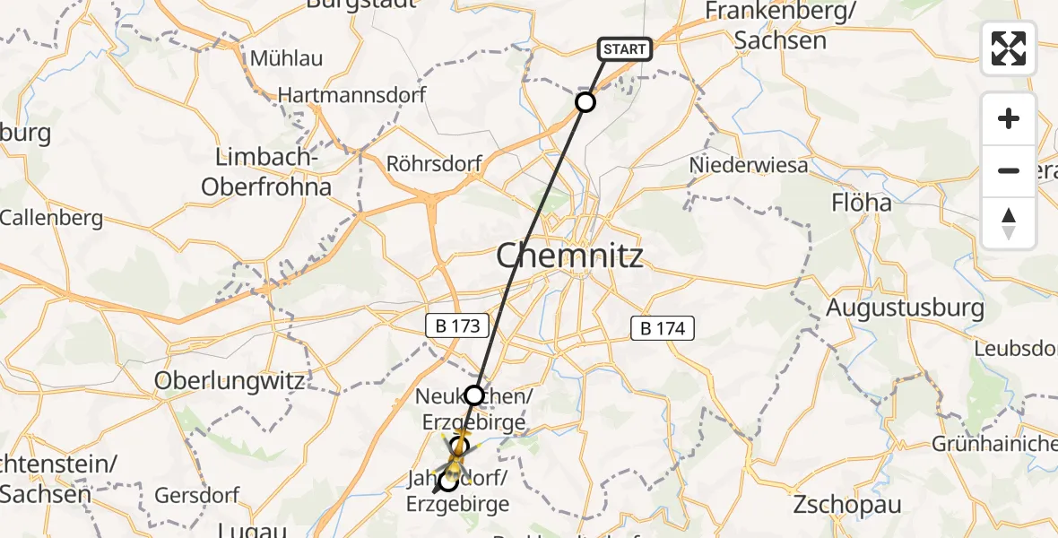 Flugroute Rettungshubschrauber Lichtenau - Neukirchen/Erzgeb., 21 Juni 2026, 09:31