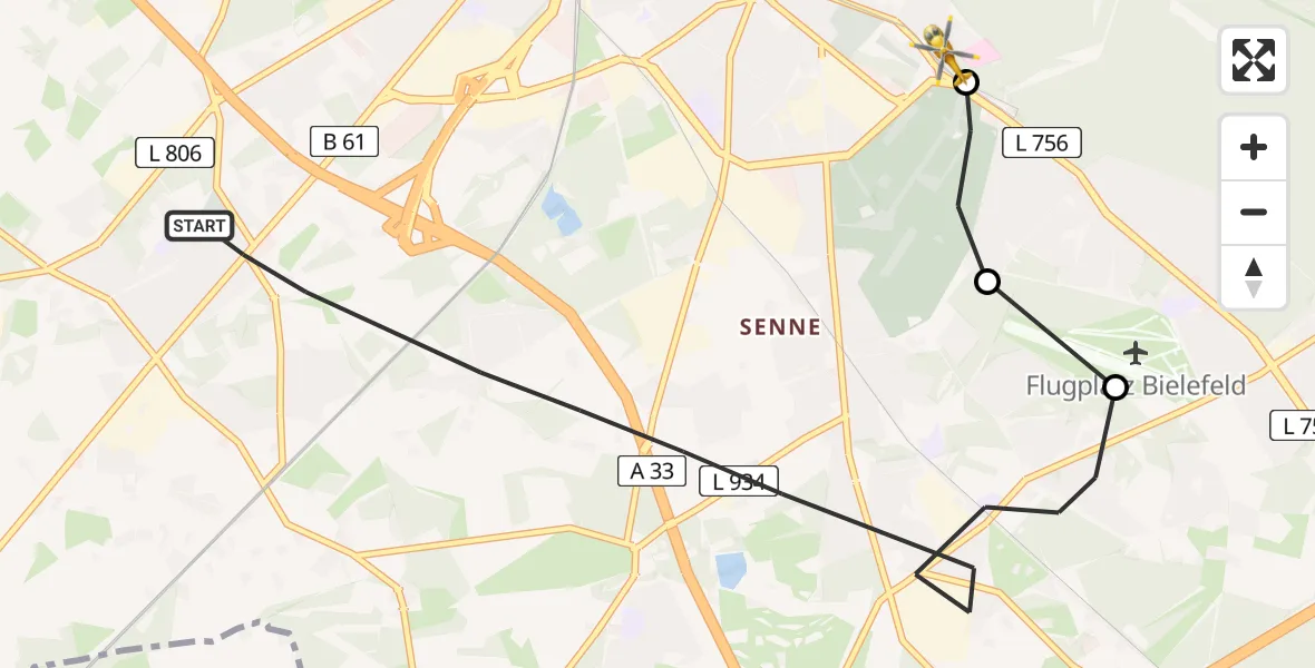 Flugroute Rettungshubschrauber Bielefeld - Luftrettungszentrum Bielefeld, 21 Juni 2026, 09:35
