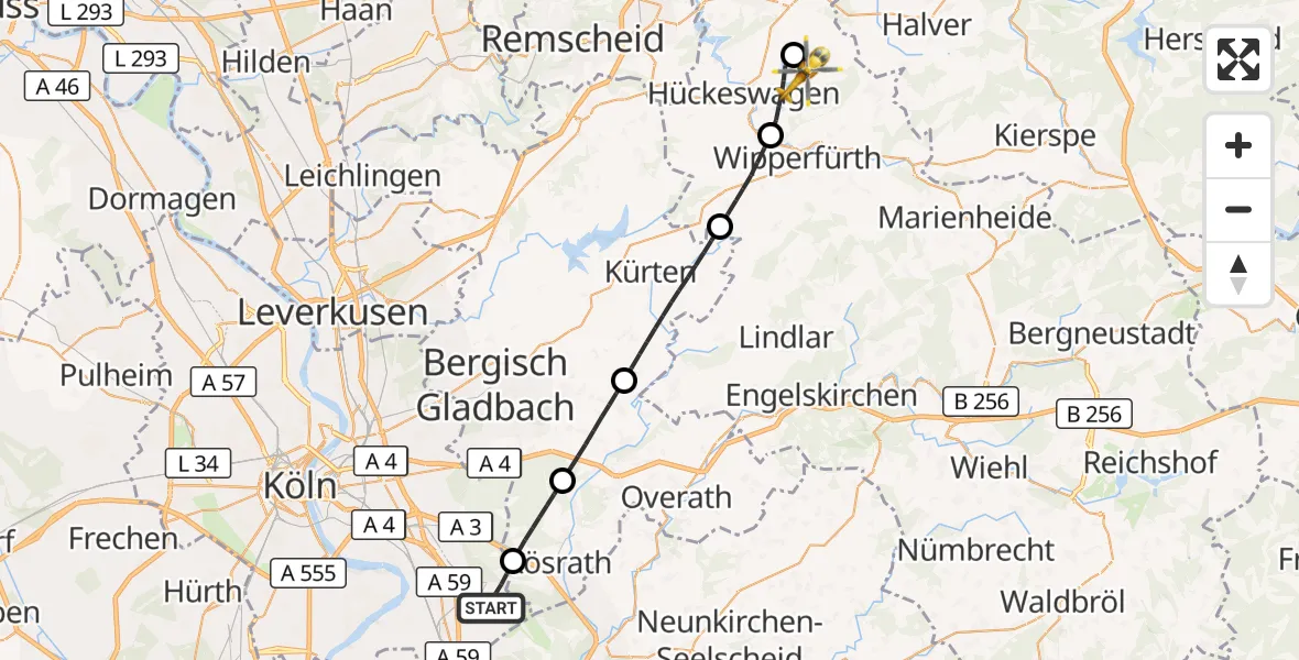 Flugroute Rettungshubschrauber Köln Bonn Flughafen - Wipperfürth, 21 Juni 2026, 09:39