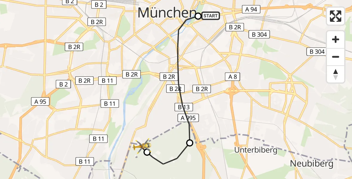 Flugroute Rettungshubschrauber Rechts der Isar University Hospital - ADAC Air Rescue Center Hubschrauberlandeplatz (Christoph 1), 21 Juni 2026, 09:42
