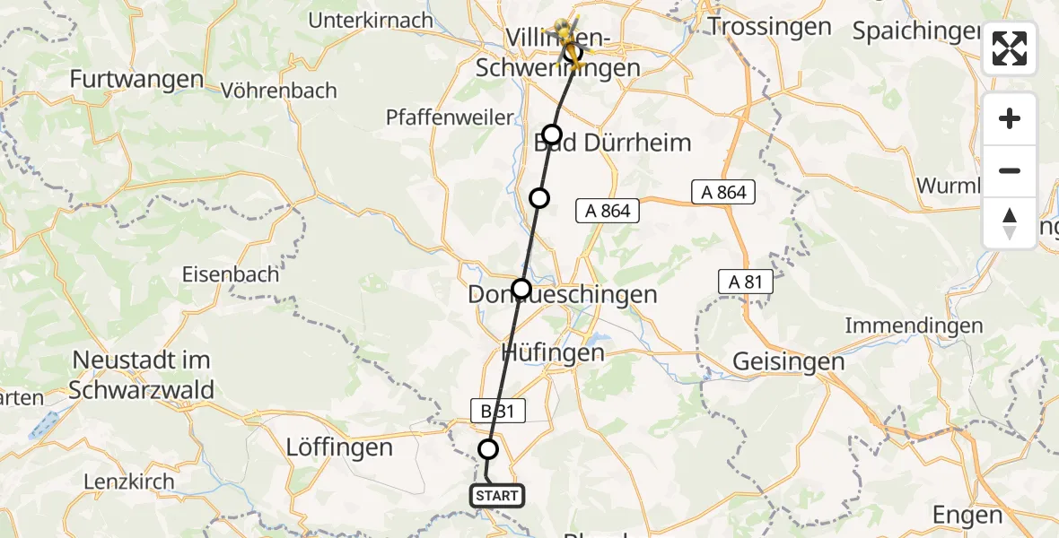 Flugroute Ambulanzhubschrauber Hüfingen - DRF Air Rescue Station Villingen-Schwenningen Hubschrauberlandeplatz (Christoph 11), 21 Juni 2026, 09:43