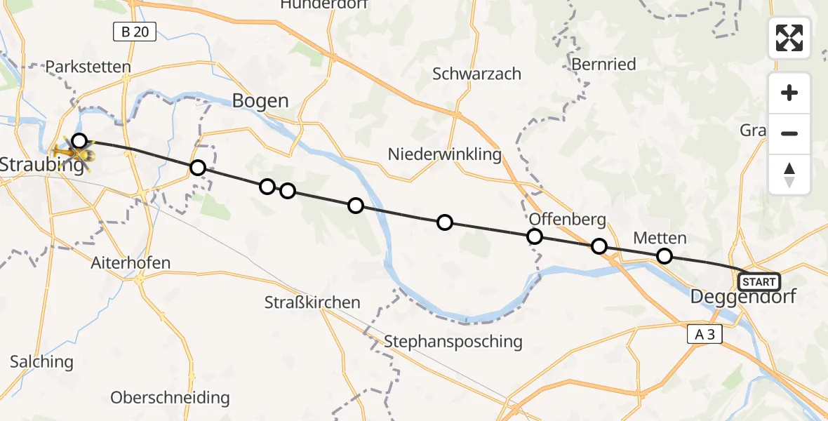 Flugroute Rettungshubschrauber Deggendorf - Sankt Elisabeth Hospital Straubing Hubschrauberlandeplatz, 21 Juni 2026, 09:45