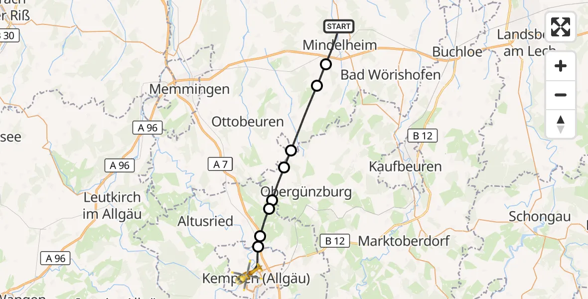 Flugroute Rettungshubschrauber Mindelheim - Kempten (Allgäu), 21 Juni 2026, 09:51