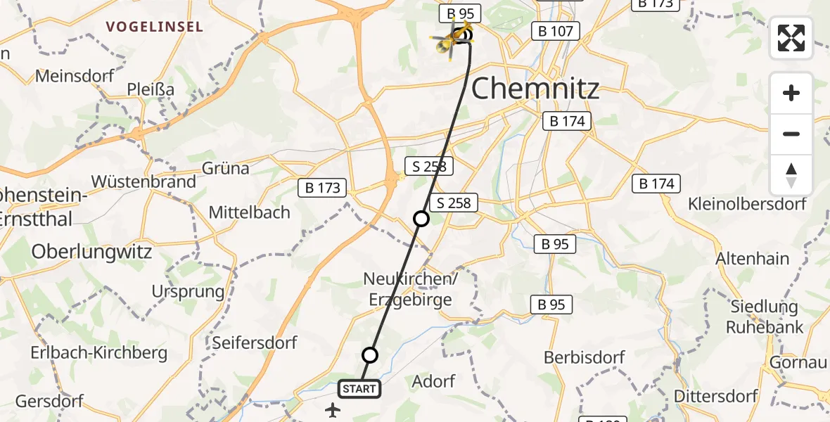 Flugroute Rettungshubschrauber Jahnsdorf/Erzgeb. - Flemmingstraße Hospital Rooftop, 21 Juni 2026, 09:54
