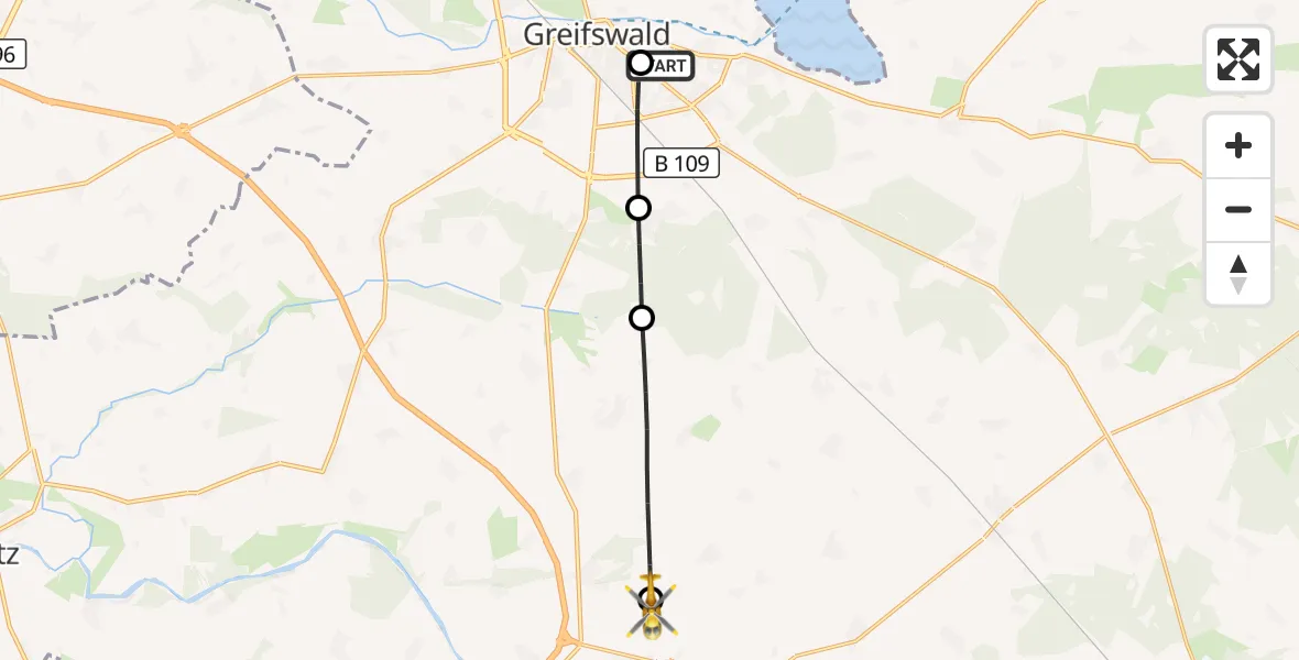 Flugroute Rettungshubschrauber Greifswald Hospital - Bandelin, 21 Juni 2026, 10:03