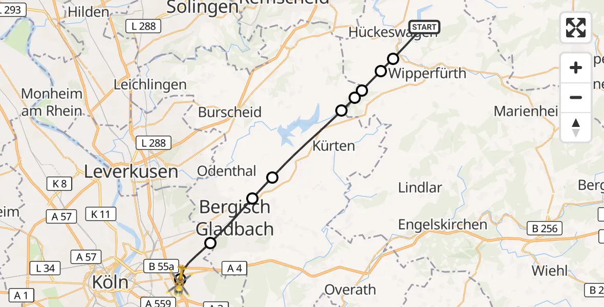 Flugroute Rettungshubschrauber Hückeswagen - Merheim Hospital, 21 Juni 2026, 10:14