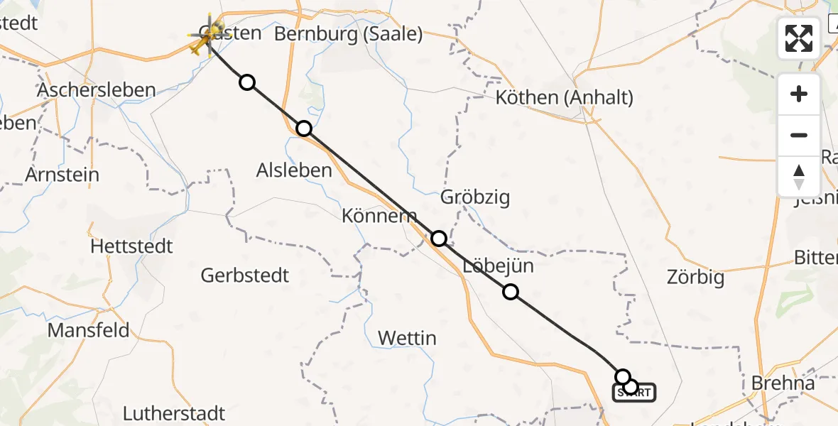Flugroute Rettungshubschrauber Halle-Oppin Flugplatz - Güsten, 21 Juni 2026, 10:16