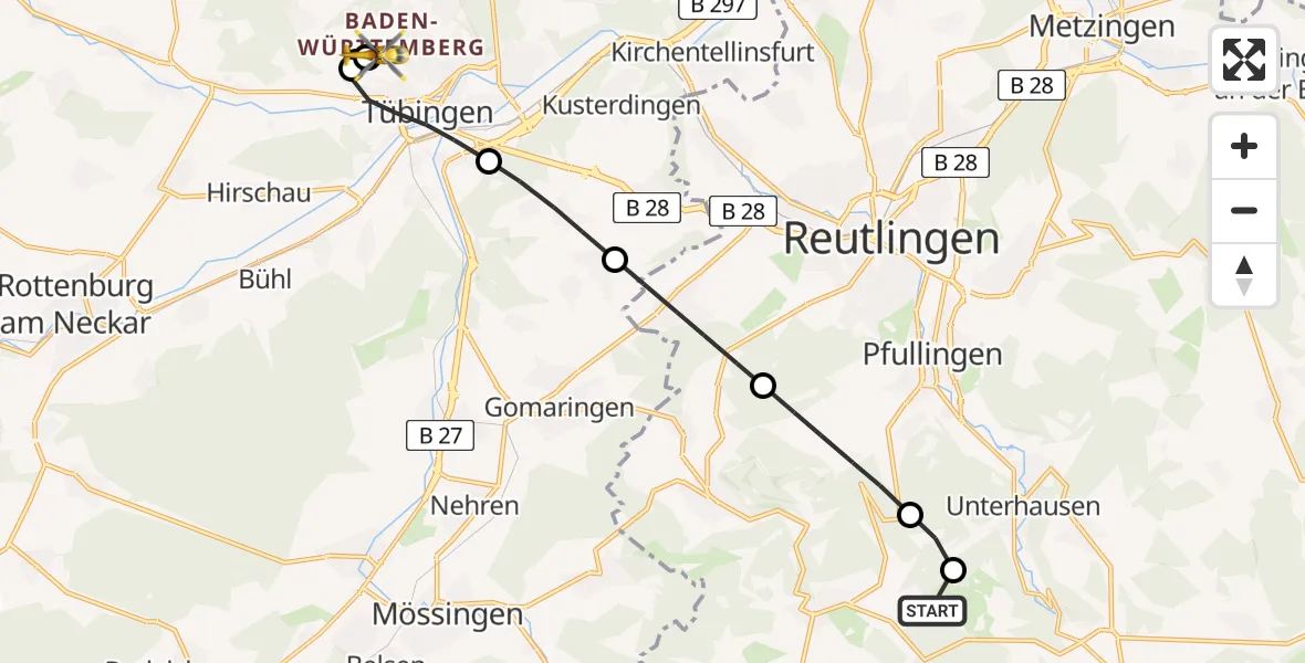Flugroute Rettungshubschrauber Sonnenbühl - Tübingen Trauma Hospital, 21 Juni 2026, 10:18