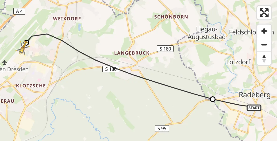 Flugroute Rettungshubschrauber Radeberg - Dresden Bundespolizei Hubschrauberlandeplatz, 21 Juni 2026, 10:19