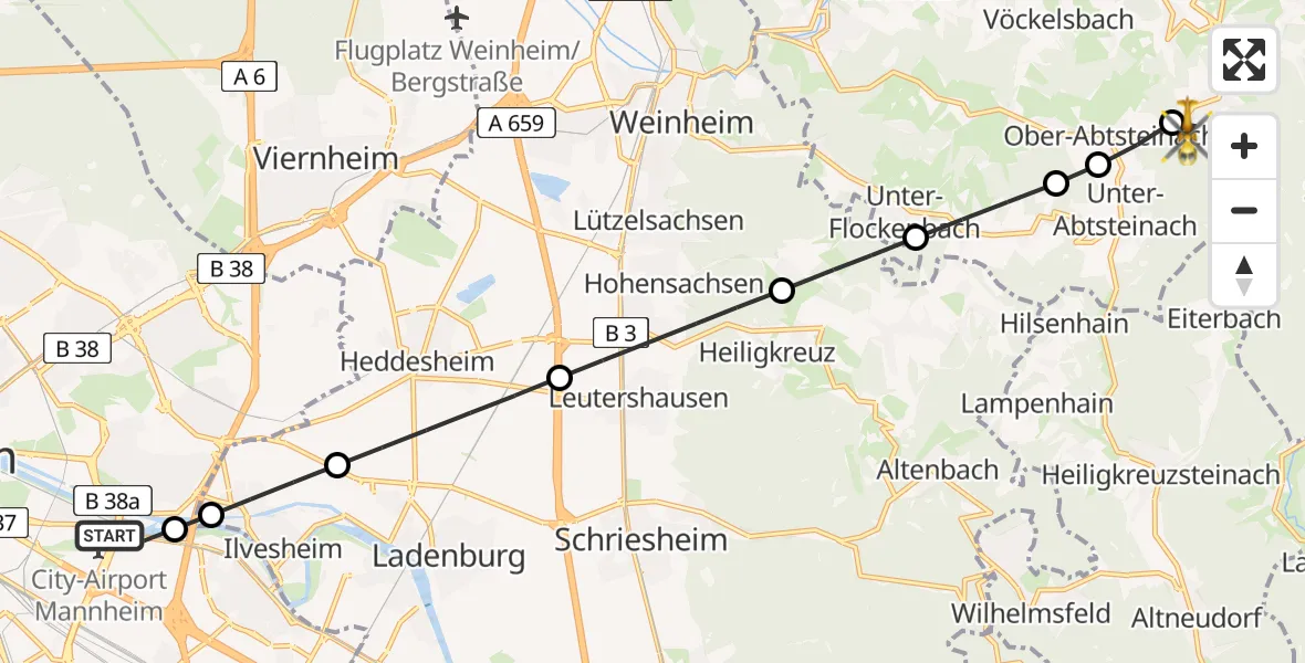 Flugroute Rettungshubschrauber Mannheim-City Flughafen - Wald-Michelbach, 21 Juni 2026, 10:23