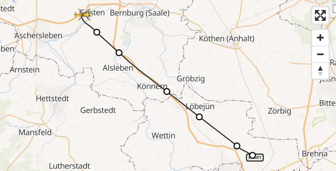 Flugroute Rettungshubschrauber Halle-Oppin Flugplatz - Güsten, 21 Juni 2026, 10:24