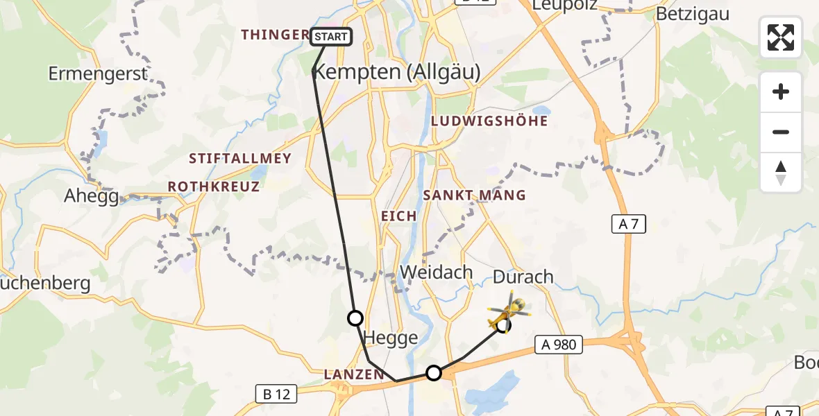 Flugroute Rettungshubschrauber Kempten (Allgäu) - Kempten-Durach Flugplatz, 21 Juni 2026, 10:24