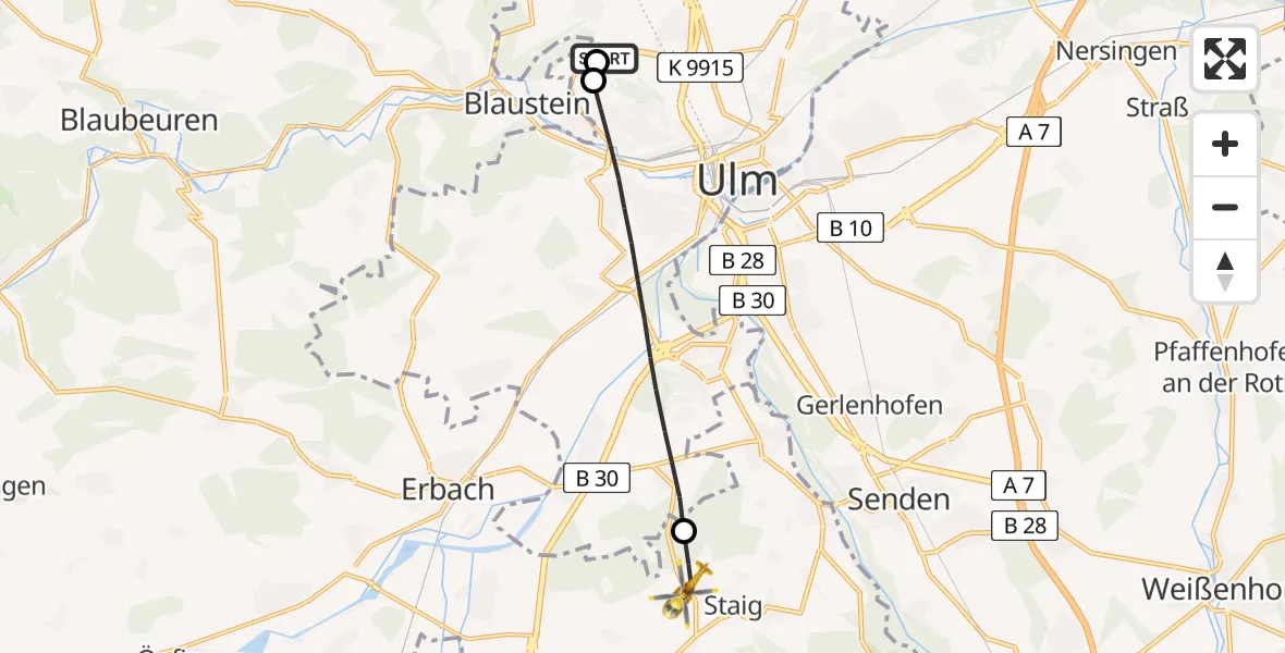 Flugroute Rettungshubschrauber Ulm Military Hospital Emergency - Staig, 21 Juni 2026, 10:29