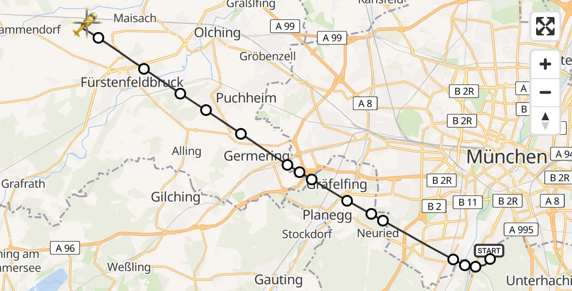 Flugroute Rettungshubschrauber ADAC Air Rescue Center Hubschrauberlandeplatz (Christoph 1) - Maisach, 21 Juni 2026, 10:29
