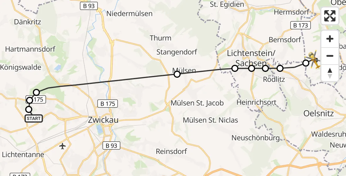 Flugroute Rettungshubschrauber ADAC Air Rescue Station Zwickau Hubschrauberlandeplatz - Gersdorf, 21 Juni 2026, 10:36