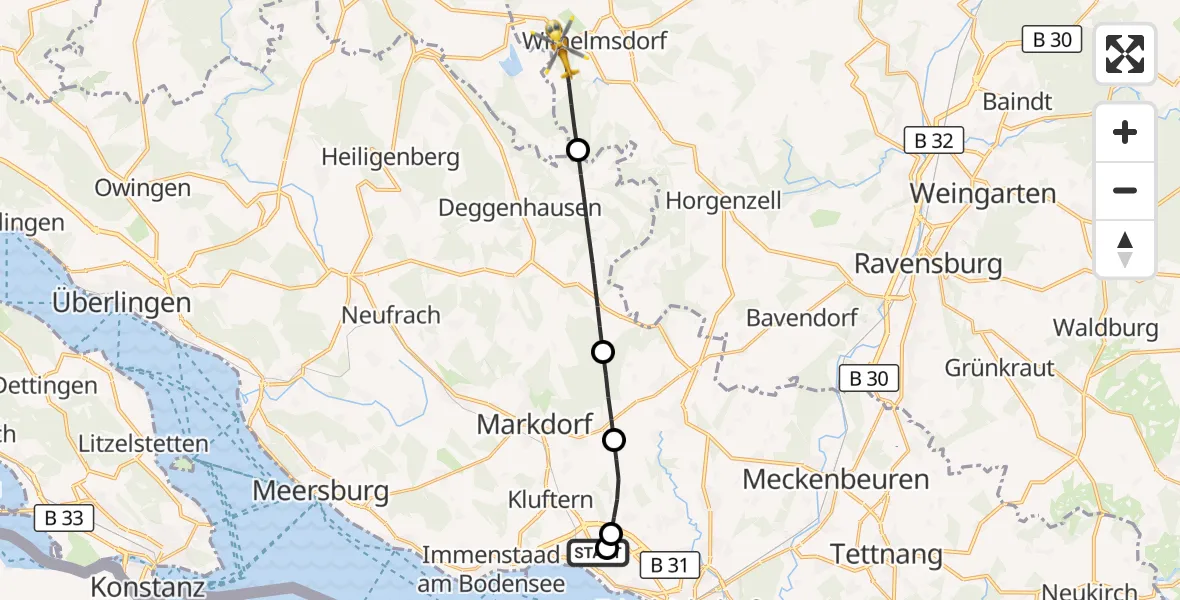 Flugroute Rettungshubschrauber Friedrichshafen Hospital - Wilhelmsdorf, 21 Juni 2026, 10:38