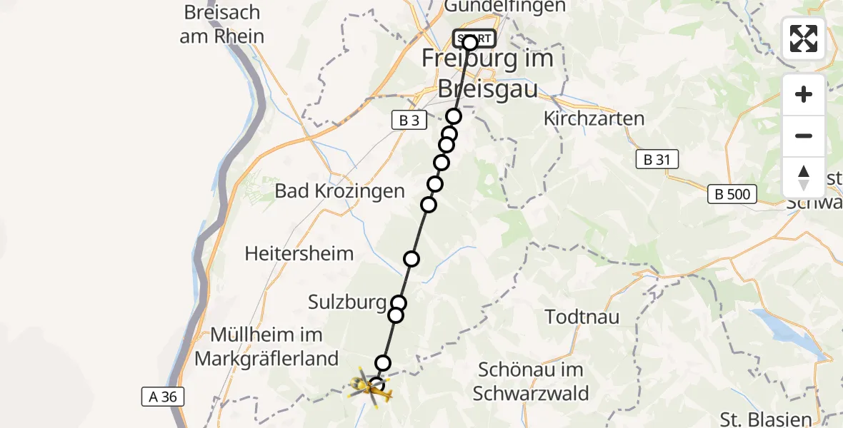 Flugroute Ambulanzhubschrauber Freiburg im Breisgau Flugplatz - Malsburg-Marzell, 21 Juni 2026, 10:40