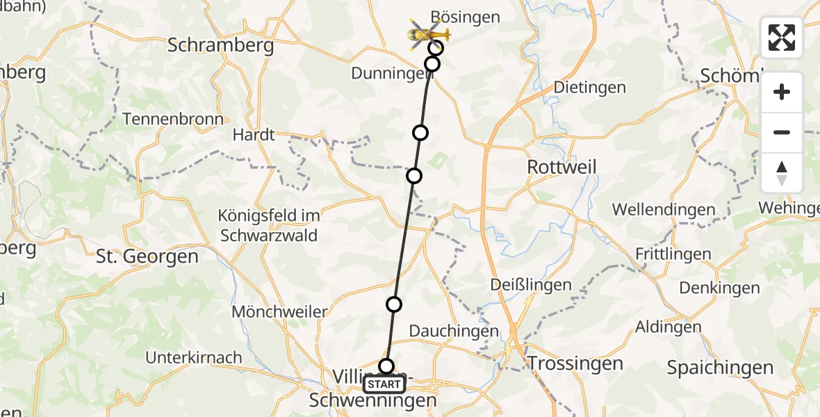 Flugroute Ambulanzhubschrauber DRF Air Rescue Station Villingen-Schwenningen Hubschrauberlandeplatz (Christoph 11) - Bösingen-Dunningen Flugplatz, 21 Juni 2026, 10:45