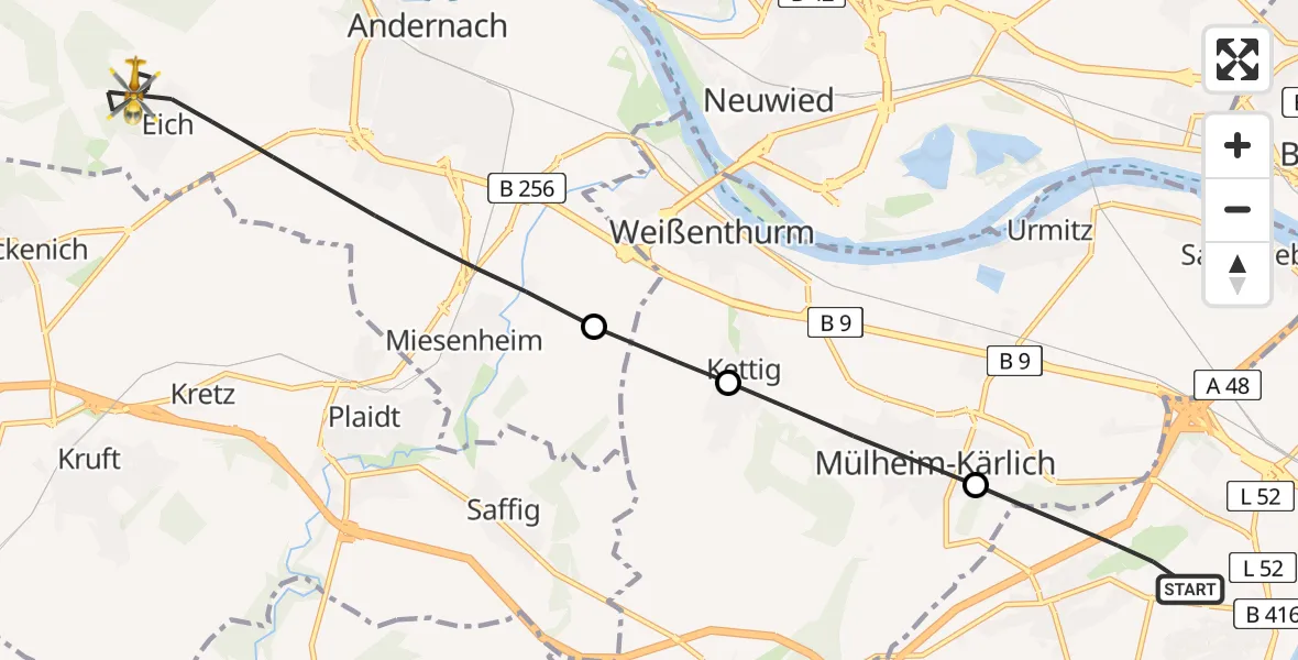 Flugroute Rettungshubschrauber Koblenz - Andernach, 21 Juni 2026, 10:46