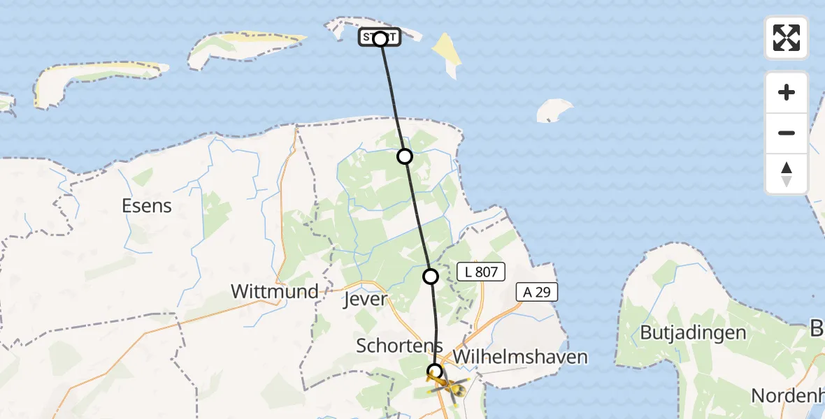 Flugroute Rettungshubschrauber Wangerooge Flughafen - Sande, 21 Juni 2026, 10:48
