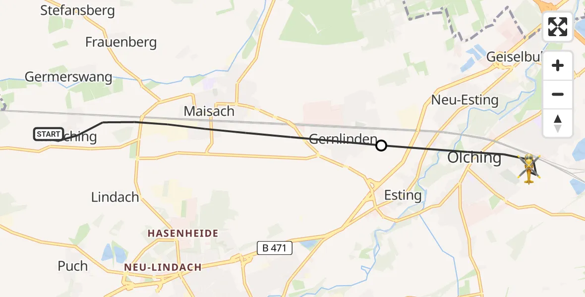 Flugroute Rettungshubschrauber Maisach - Olching, 21 Juni 2026, 10:49