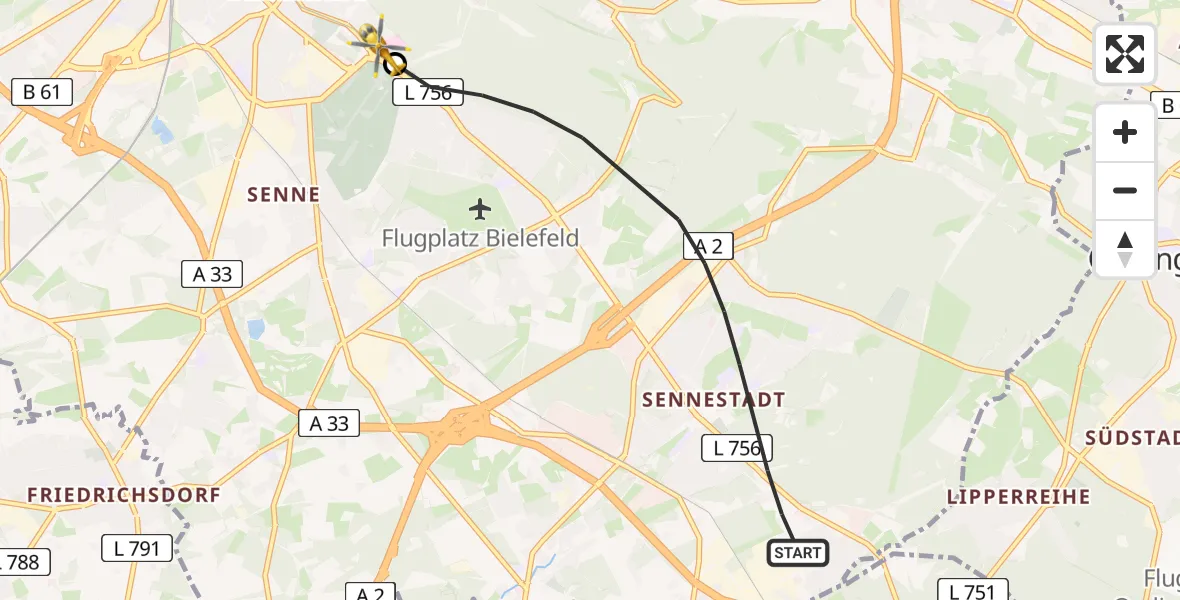 Flugroute Rettungshubschrauber Bielefeld - Luftrettungszentrum Bielefeld, 21 Juni 2026, 10:56