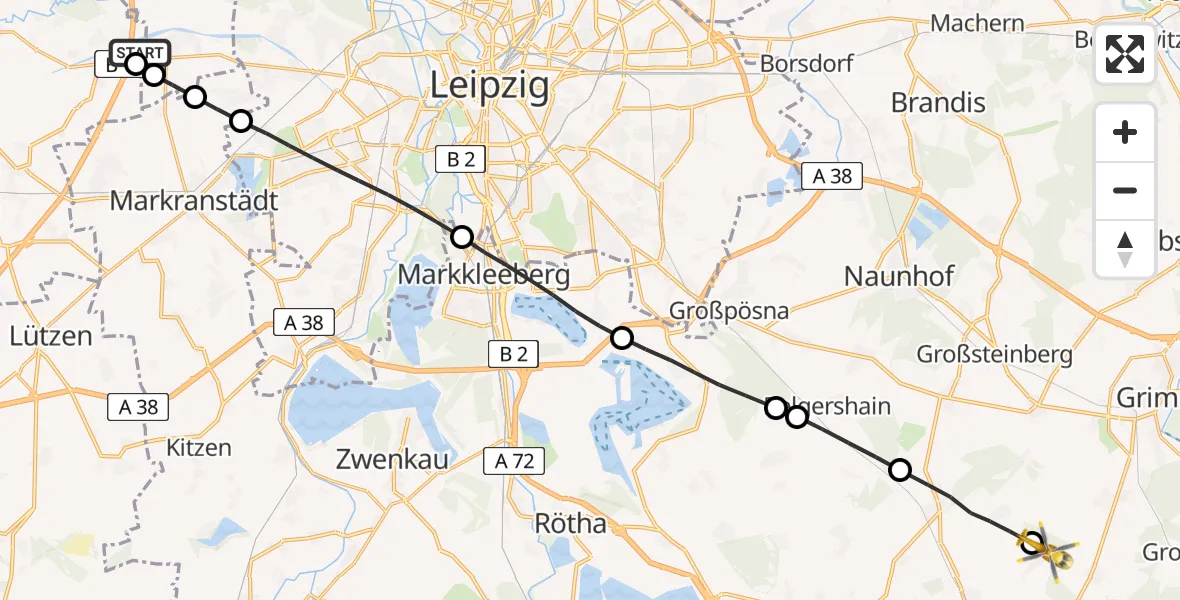 Flugroute Rettungshubschrauber ADAC Air Rescue Station Leipzig/Schkeuditz-Dölzig Hubschrauberlandeplatz (Christoph 61) - Grimma, 21 Juni 2026, 11:01