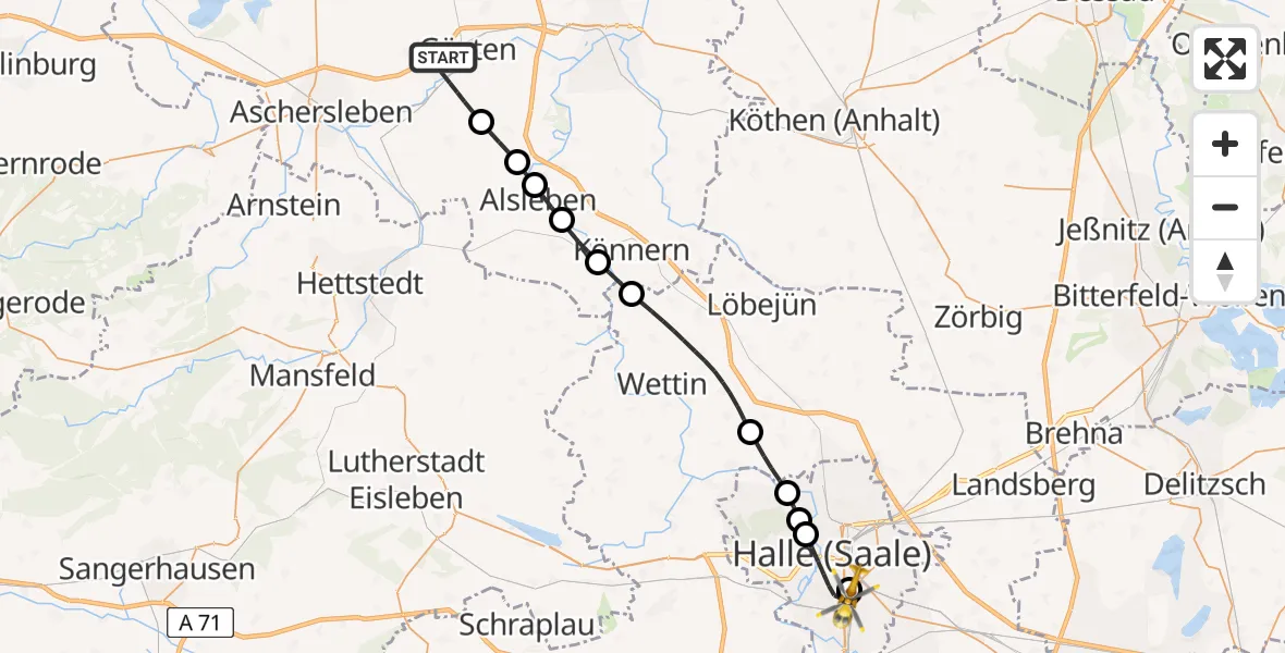 Flugroute Rettungshubschrauber Güsten - Halle (Saale), 21 Juni 2026, 11:03