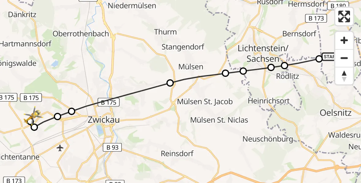 Flugroute Rettungshubschrauber Gersdorf - ADAC Air Rescue Station Zwickau Hubschrauberlandeplatz, 21 Juni 2026, 11:07