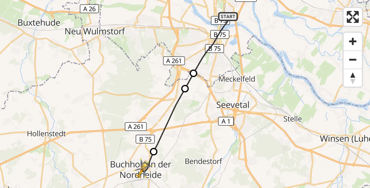 Flugroute Ambulanzhubschrauber Hamburg - Buchholz in der Nordheide, 21 Juni 2026, 11:08