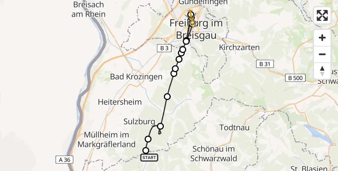 Flugroute Ambulanzhubschrauber Malsburg-Marzell - Freiburg im Breisgau, 21 Juni 2026, 11:09
