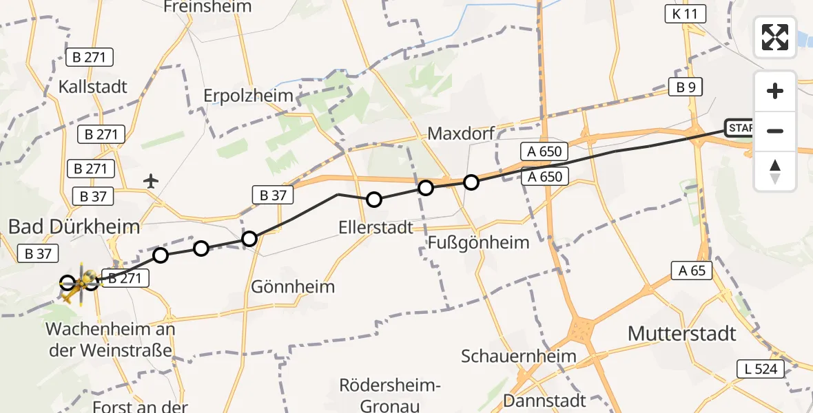 Flugroute Rettungshubschrauber Ludwigshafen am Rhein - Wachenheim an der Weinstraße, 21 Juni 2026, 11:09